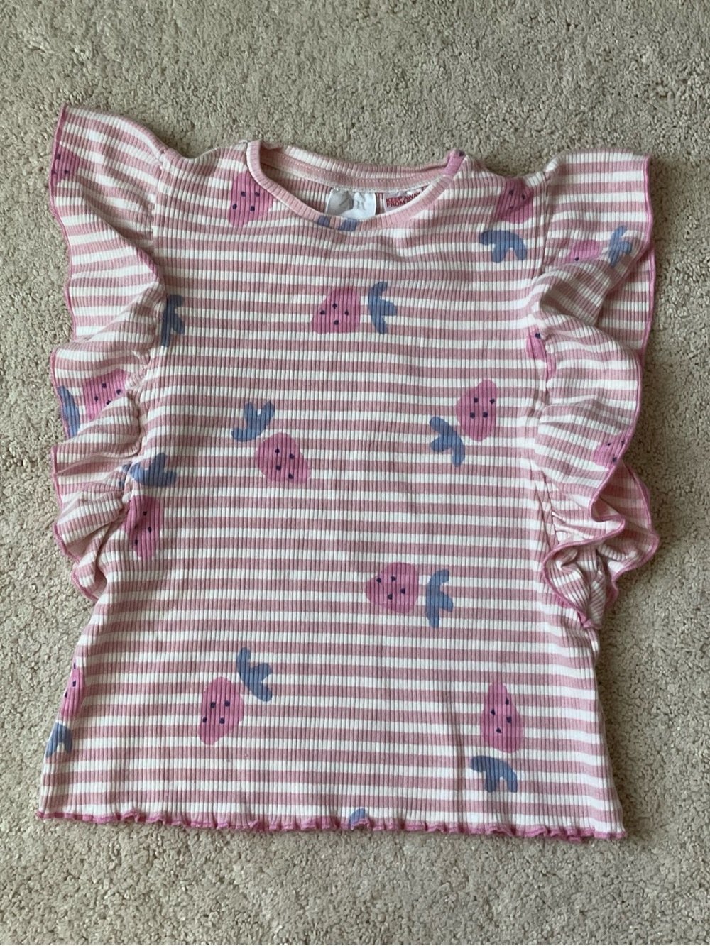 Zara Pink & White Striped Ruffle Sleeve Tee with Strawberry Motif